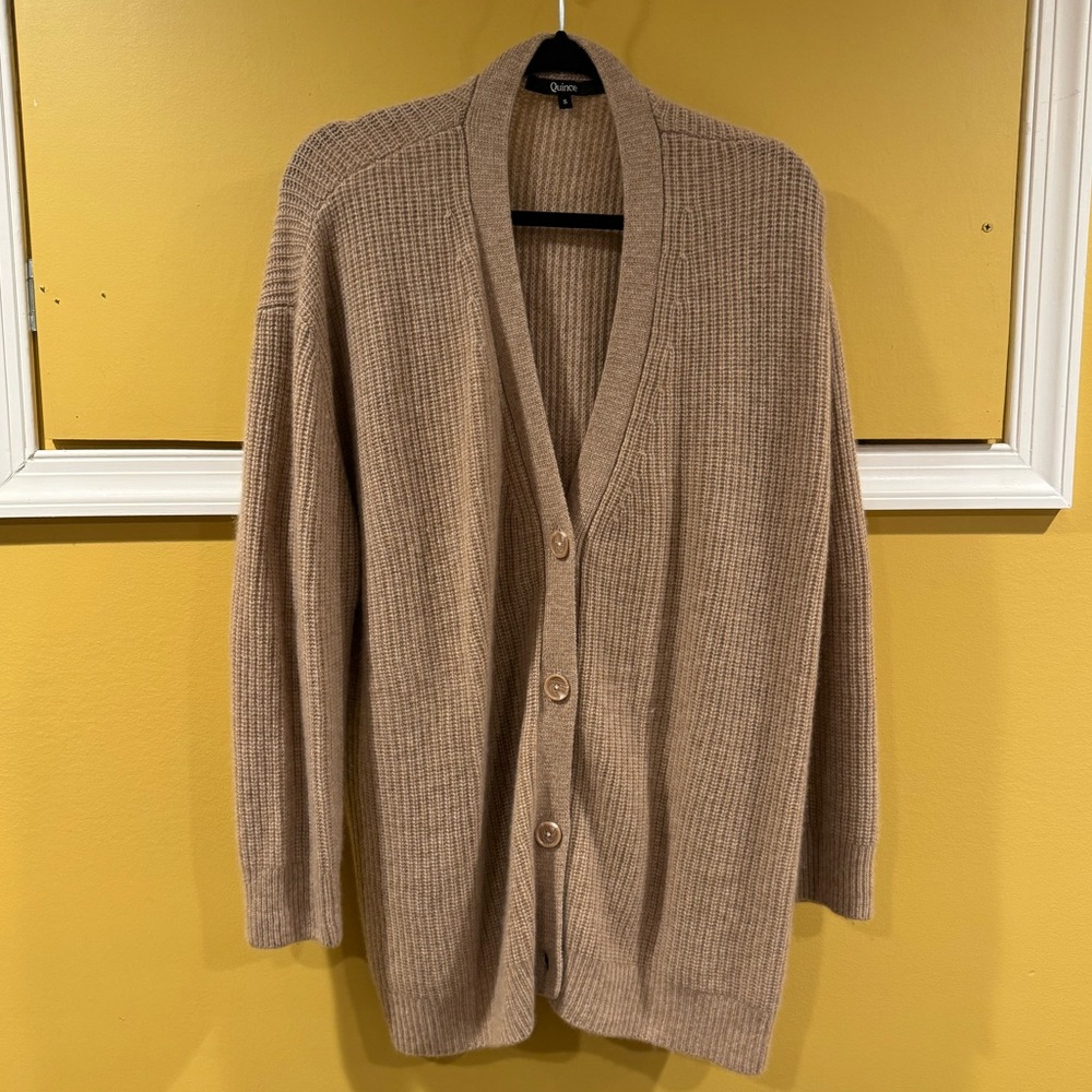 Oversized Quince cardigan. Worn just once. Tan beige khaki with marbled buttons